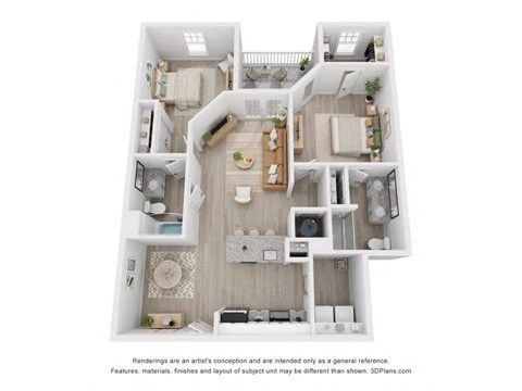 Floor plan for 2 beds, 2 baths, 1097 sqft